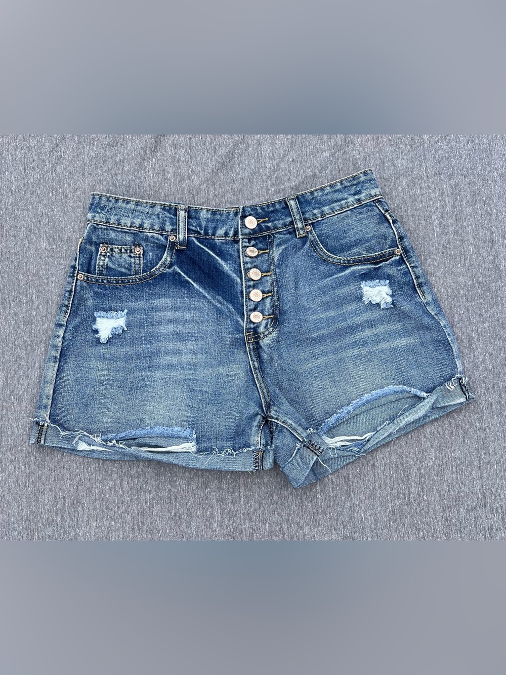 Mid-Rise Jean Shorts - Women’s Large - Dark Wash, Distressed Denim